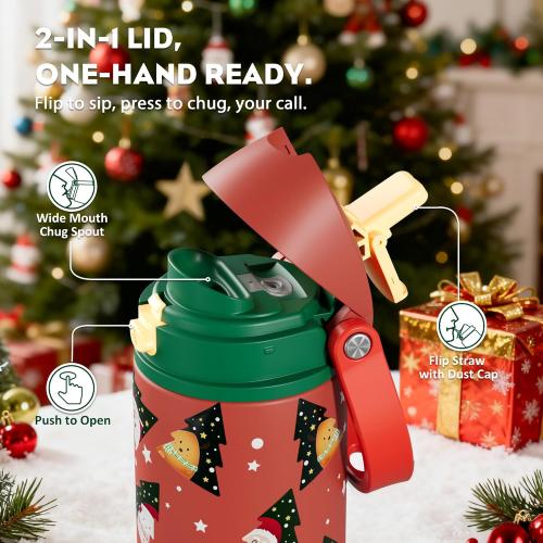 POWCAN 24 oz Christmas Insulated Water Bottle: 2-in-1 Push-Button Spout & Quick-Flip Straw, Leakproof, Car Cupholder Friendly, Stainless Steel Water Bottle for Gift, Sports, Travel (Santa Parade)