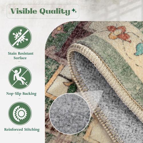 Area Rug 8x10 Washable Rug, Vintage Boho Medallion Rugs Non-Slip Soft Low Pile Large Distressed Rug Indoor Retro Carpet for Living Room Bedroom Dining Room Home Office (Green Beige, 8'x10')