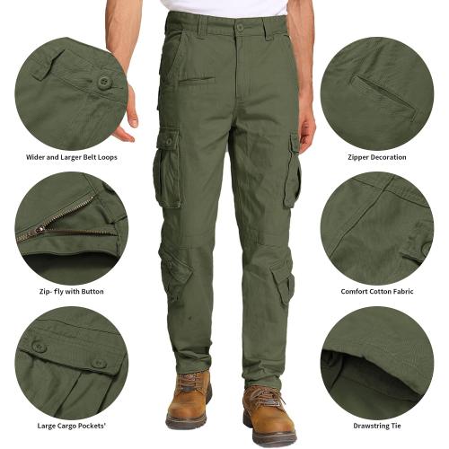 SIZE 30 Men's Cotton Cargo Tactical Pants for Casual Work Travel Wild Streetwear with 9 Pockets Relaxed Fit No Belt
