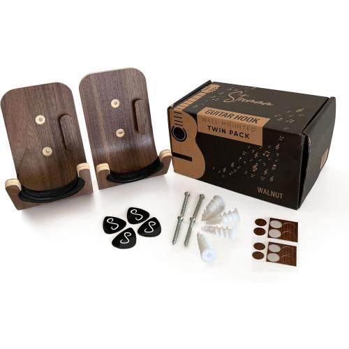 Guitar Wall Mount Hooks 2 Pack: Modern Design Guitar Hanger for Storage & Display. Heavy Duty Ply Wood Guitar Hook Holder for the Wall. Hangers Stand for Acoustic Guitars, Ukulele, Bass, Violin, Cello