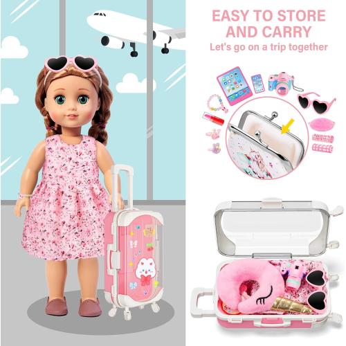 Doll Suitcase Travel Sets, 18 inch Doll Clothes and Accessories - 28 Pcs Travel Pillow, Unicorn Bag, Sunglasses, Camera, Computer, Phone, Passport, Birthday Gifts for Age 3 4 5 6 7 Year Old Girls