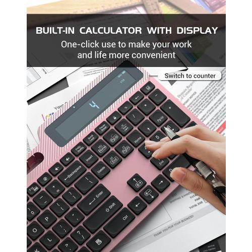Pink and Black Wireless Keyboard Mouse Combo, Full Size Ergonomic Keyboard with Backlit, Wrist Rest, Calculator, Phone Holder, 2.4Ghz Silent Cordless Rechargeable Keyboard & Mouse for Laptop, PC (Pink Black)