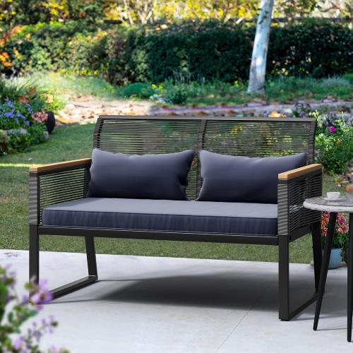 YITAHOME Patio Loveseat Wicker Outdoor Furniture, All Weather Rattan Conversation Loveseat for Backyard, Balcony and Deck with Wooden Armrest, Dark Gray Cushions (Dark Gray)