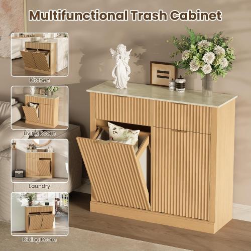 Double Tilt Out Trash Can Cabinet,20 Gallon Fluted Laundry Hamper Cabinet with 2 Drawers,Freestanding Wooden Hidden Garbage Can Cabinets with 2 Laundry Storage Basket for Kitchen,Living Room,Natural