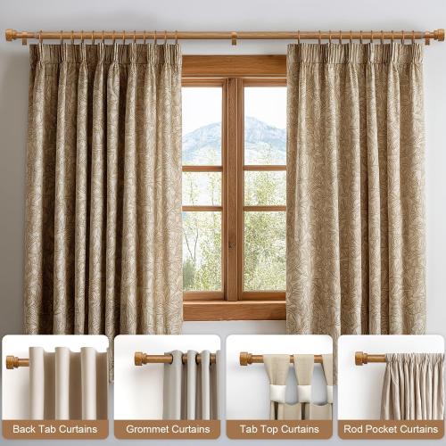 2 Pack Wood Curtain Rods for Windows 66 to 120 Inches 1 Diameter Boho Decorative Heavy Duty Window Curtain Rod Set Adjustable with Handmade Wood Grain Design for Living Room Bedroom Kitchen
