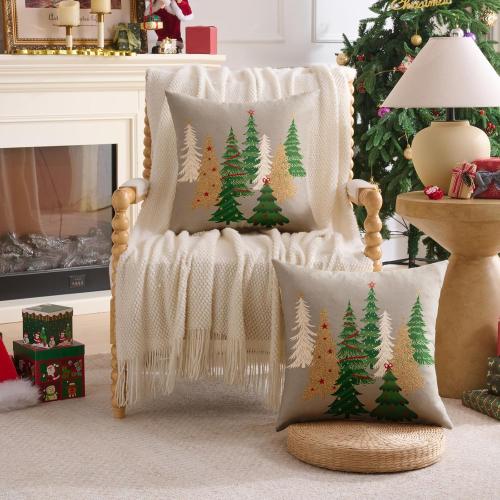Christmas Pillow Covers 18x18 Inch Set of 2 Gray Decorative Christmas Tree Throw Pillows Linen Winter Holiday Decor for Home Sofa Couch Bed Chair