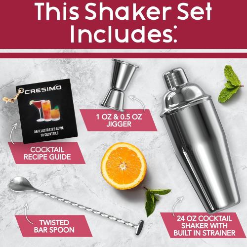 Cresimo 24oz Cocktail Shaker Set with Bar Accessories for Home Bar - Martini Shaker with Jigger and Drink Mixer Spoon - Alcohol Bartender Gift - Bartending Kit Essential for Home