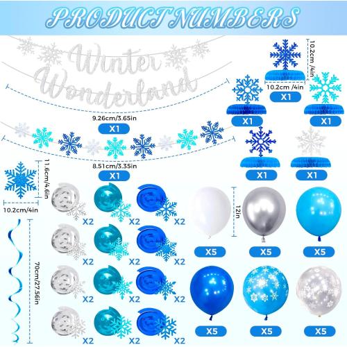 Winter Wonderland Snowflake Party Decorations - 62 Pcs Christmas Onederland 1st Birthday Party Hanging Decor, Blue White Snow Balloons for Ceiling Wall, Paper Banner Flake Streamers for Holiday