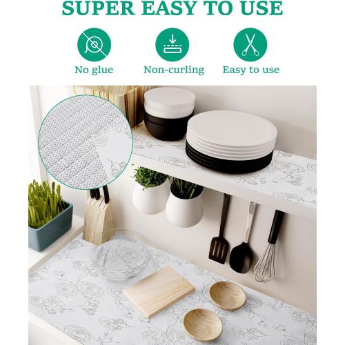 Shelf Drawer Liner for Kitchen Cabinets Non-Adhesive Shelf Liner Paper Non-Slip Strong Grip Drawer Liner Cabinet Liners Thickened Easy to Clean for Tool Box Pantry (Flower, 12In x 10FT), Gray