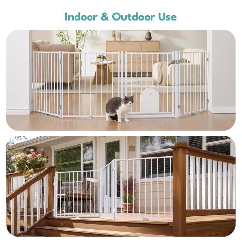 No Pawblems Free Standing Dog Gate with Cat Door, 30'' Tall Foldable Dog Fence for Indoor & Outdoor, Up to 104 Inch Extra Wide Puppy Gate for Stairs, Hallways, Doorways, Deck, Yard (White, 4 Panels)