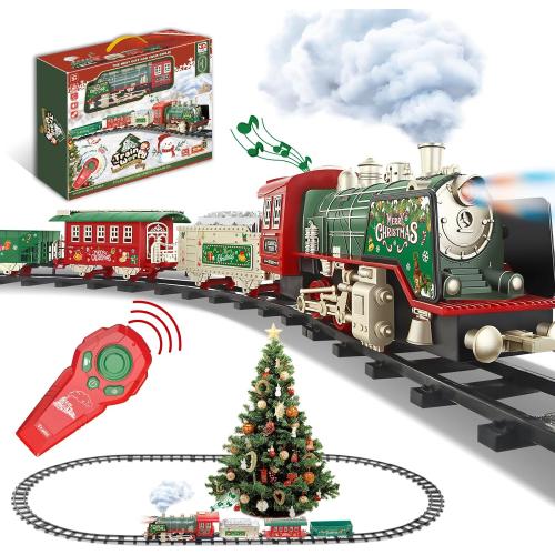 JUQU Electric Train Set for Kids Ages 3-8 – Remote Control Steam Locomotive Toy Train with Smoke, Lights, Sound & Tracks, Christmas Tree Train for Around or Under Tree
