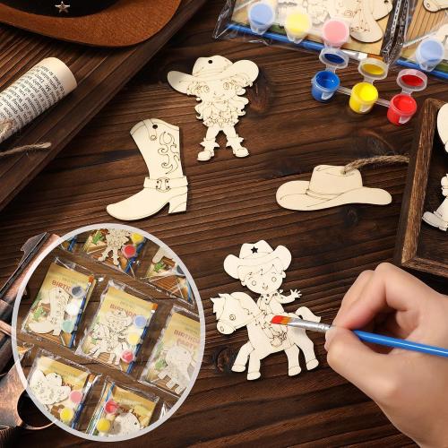 Saypacck 24 Pcs Party Favors Wooden Painting Craft Kits Birthday Party Supplies with Organza Bag for Goodie Bags Fillers Adult Thank You Gifts(Western Cowboy)