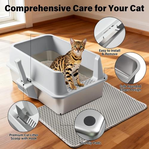 Stainless Steel Litter Box, XL Metal Litter Box with Lid | Large Cat Litter Boxes for Big Cats with High Sides, Easy Cleaning, Non Stick, No Smell, Include Scoop and Mat