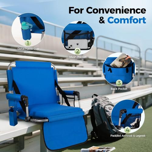GREEN PARTY Stadium Seat for Bleachers Portable Outdoor Floor Folding Stadium Chair with Armrest, Back Support, Cup Holder, Mesh Bag and Hide Hooks