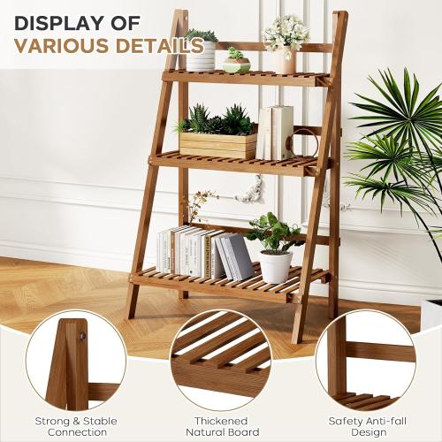 39.4 Bamboo Ladder Shelf Plant Shelf, 3 Tier Foldable Ladder Flower Pot Display Shelf Rack, 23.6W x 15D x 39.4H, Freestanding Bookshelf for Garden, Balcony, Yard, Patio, Lawn, Living Room, Walnut