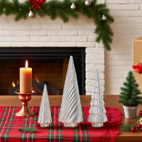 DN DECONATION Silver Christmas Tree Figurines Set of 3, Table Top Xmas Tree Decor with Glitter, Modern Pine & Swirl Design, Resin Christmas Trees for Mantel, Desk, Fireplace,Holiday Centerpiece