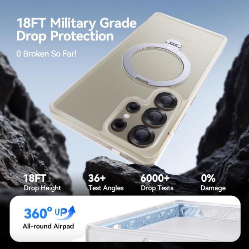 CASEKOO Patented 360° Spin Magnetic Stand for Samsung Galaxy S25 Ultra Case [18FT Military Drop Protection] [Compatible with MagSafe] Translucent Slim S25 Ultra Case 6.9'' 2025, Translucent White