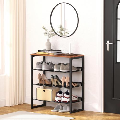 Industrial Shoe Rack - Sturdy Steel Entryway Shoe Organizer with Spacious Top - Strong Mesh Shoe Storage Shelves - Adjustable Shoe Stand for Closet Organization (4-Tier)