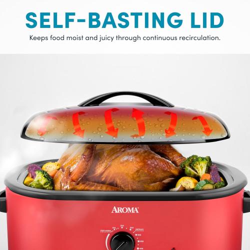 AROMA 18Qt. Roaster Oven with Self-Basting Lid, Fits 22-lb. Turkey, Adjustable Temperature Settings, Keep Warm Setting, Red