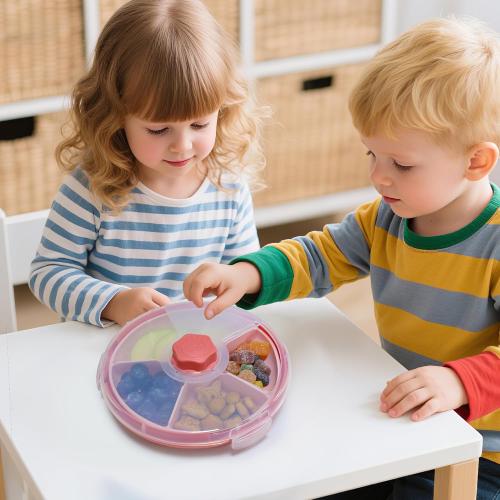 KingKam Kids Snack Spinner Containers, Reusable Toddler Spin Snack Container Box with 4 Compartments & Lid, Travel On-The-Go Snacking, BPA Free | Dishwasher Safe | Strap and Sticker (GREEN AND BLUE ?