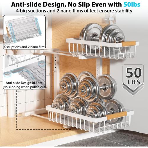 Under Sink Organizer 2 pack, 2 Tier Slide Out Under Sink Organizers And Storage, Height Adjustable Pull Out Cabinet Drawers, Kithcen Bathroom Metal Storage Caddy Shelf, White