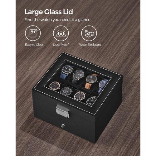 SONGMICS Watch Box, 8-Slot Watch Case Organizer with Large Glass Lid, 2 Layers, Removable Pillows, Metal Lock, Gift for Loved Ones, Black Synthetic Leather, Christmas Gift, Black Lining UJWB080B01
