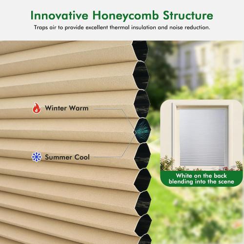 Cordless Cellular Shades, No Drill No Tools Honeycomb Window Blinds, Blackout Light Blocking Cellular Shades for Window, Thermal Insulation Blinds, Easy to Install, Light Cream 32W x 64H