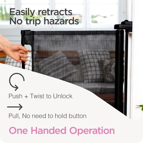 Retractable Baby Gate Perma Child Safety 33 Tall x 71” Wide, Mesh, for Stairs, Doorways, Dogs, Pets, Indoor, Outdoor, One-Handed Operation, Locking, Easy Install, Hardware Mount, Black