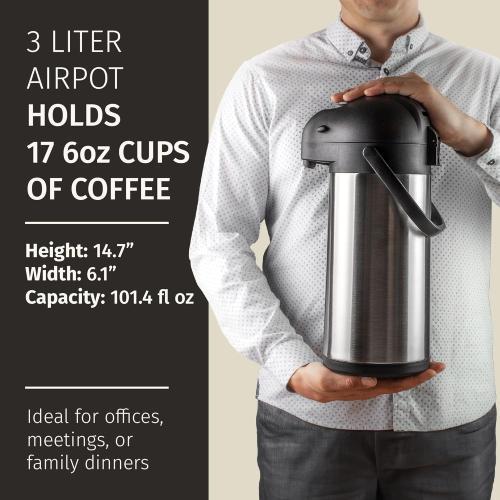 Cresimo Coffee Carafe for Keeping Hot 102oz Airpot Coffee Dispenser with Pump & Stainless Steel Table Tent Signs - 3L Airpots for Hot Beverages - Easy-to-use Insulated Coffee Carafe & Beverage Labels