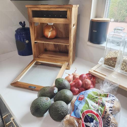 Ikee Design Free Assemble Wooden Countertop Potato and Onion Storage Bin Box,Countertop Cabinet, Wooden Bread Boxes, Potato Storage, Coffee Station,11.8W x 6.8D x 16H in, Rustic Color