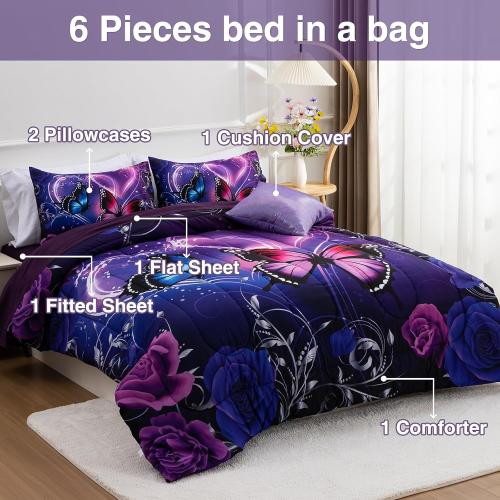 A Nice Night Purple Galaxy Butterfly 6pc Bedding Girls Comforter Sets,Full