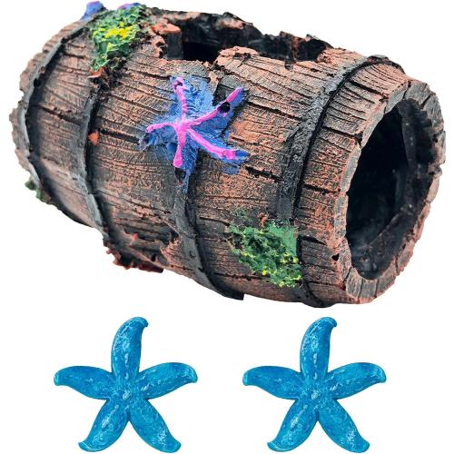 GSD Star-Fish Broken Barrel Decor Resin Betta Tank Accessories Ornaments for Cave Hide Decorations, Broken Barrel x 1pc, Blue Star Fish Ornaments x 2pcs