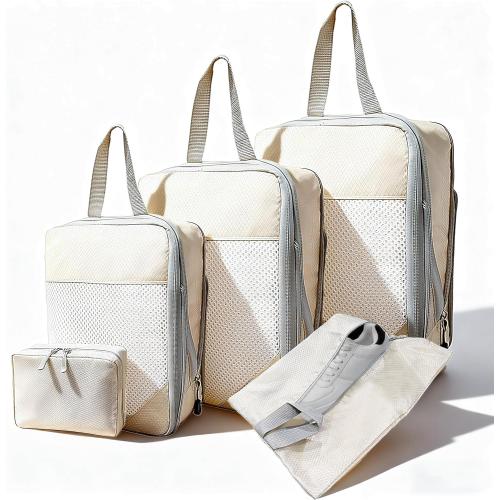 5 Set Compression Packing Cubes for Travel, Lightweight Space-Saving Luggage Organizers, Sturdy Water-Resistant Suitcase Organizer, Travel Accessories and Essentials (Cream 5 Set)