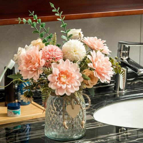 3 Pack Set Fake Flowers With Vase, Faux Silk Pink Dahlia Artificial Flowers for Home Decor, Coffee Table, Living Room, Bathroom Plant Decor