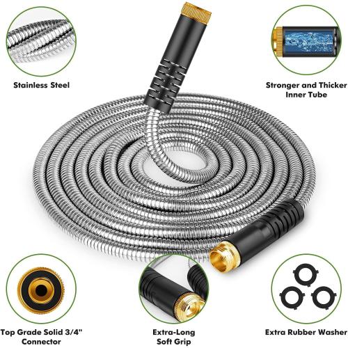 Unywarse Garden Hose 100FT Metal Water Hose with 10 Function Nozzle No-Kink | Flexible, Leak-proof, Heavy Duty, Lightweight, Pet Proof, Puncture Proof Stainless Steel Hose for Yard, Outdoor