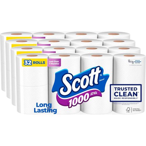 Scott 1000 Toilet Paper, 32 Rolls, Septic-Safe, 1-Ply Toilet Tissue