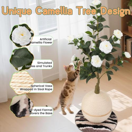 Cat Scratching Post, Artificial Camellia Tree Cat Scratch Ball with Sisal Rope, Cute Flower Scratching Posts for Indoor Cats Adults and Kitten, Modern Cat Scratcher for Home Decor