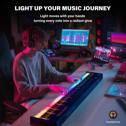 88-Key Foldable Piano Keyboard with Colorful Lighted Keys | Semi-Weighted Full Size Portable Digital Piano with MIDI, Speakers, Sustain Pedal for Beginners, Travel and Small Spaces