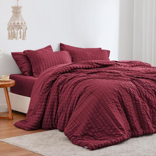 Love's cabin Seersucker Burgundy King Size Comforter Set, 7-Piece All Season Lightweight Bed in a Bag Bedding Set with Comforter, Flat Sheet, Fitted Sheet, Pillowcases and Shams