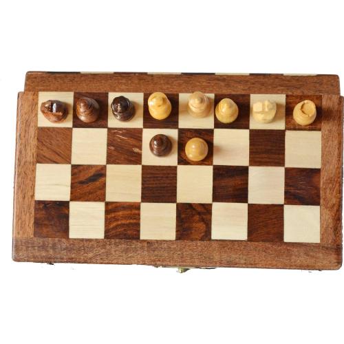 Handmade Wooden Rosewood Foldable Magnetic Chess Game Board with Storage Slots, 7 Inch