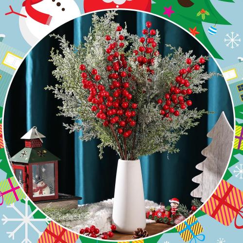 16 Pcs Christmas Tree Branches Filler Artificial Pine Branches with Berry Stems Christmas Tree Picks Greenery Sprays Berry and Cedar Picks for Vase Fillers Table Decor(Snow Cover,Red)