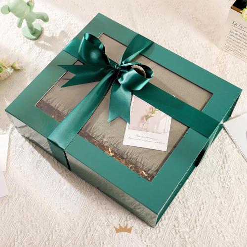 PACKQUEEN 5 Extra Large Green Gift Boxes with Windows, 16.3x14.2x5 Inches Clear Gift Boxes for Presents Contain Ribbons, Cards, Groomsmen Proposal Boxes Magnetic Lids (Glossy Green)
