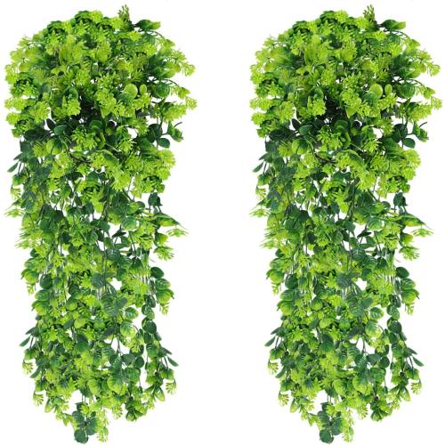 Fake Hanging Plants, 2pcs Artificial Hanging Plant, Faux Boxwood Shrubs Grass Hanging Plant Greenery for Wall Home Living Room Indoor Outdoor Decor (No Baskets)
