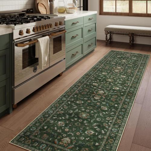 Green,2'6x8' Wonnitar Green Runners for Hallways 2.5x8 Boho Runner Rug, Low Pile Non Slip Washable Kitchen Runner Rug, Vintage Floral Stain Resistant Christmas Runner Rugs Carpet Runner for Bedroom,(Green,2'6x8')