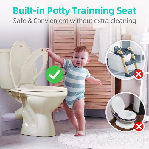 Elongated Toilet Seat with Built-in Potty Training Seat for Toddlers& Adults, Slow Close, Never Loosen, Heavy Duty, Ergonomic, Space Saving Toddler Toilet Seat, (Elongated 18.5, Oval, Bone/Almond)