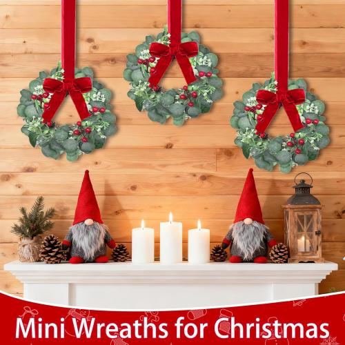 12 Pack 12 Inch Mini Christmas Wreath Small Christmas Kitchen Cabinet Wreaths with Red Bow Eucalyptus Leaves Flowering Boxwood Branches Red Berry Xmas Wreaths for Windows Door Wall Stairs Home Decor