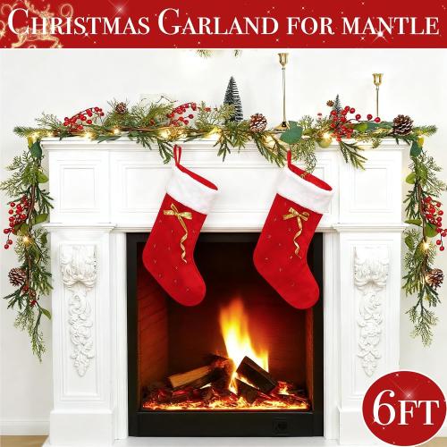 6 Ft Prelit Christmas Cedar Garland, Real Touch Christmas Garland with Lights, Realistic Soft Cypress & Eucalyptus Pine, Red Berries Pinecones,Battery Operated Garlands for Fireplace Mantle Table