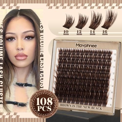 Brown Eyelash Clusters Wispy Volume Cluster Lashes Faux Mink Lash Clusters Fluffy Cluster Eyelash Extensions Thick Lash Extensions Dark Brown Individual Lashes Clusters (108PCS, CC Curve, 10-16MM)