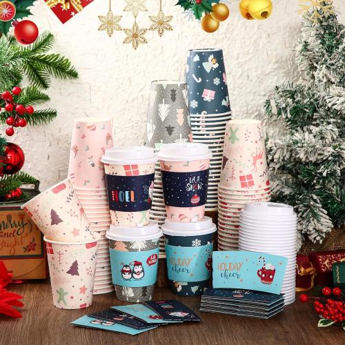Yungyan  12 oz Christmas Disposable Coffee Cups with Lids and Sleeves Insulated Paper Coffee Cups with Dome Lids and Sleeves for Christmas Hot Chocolate Party Supplies(Lovely)