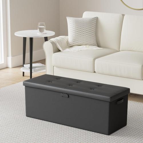 ENGPOW Storage Ottoman, Fireproof Folding Bench with Lock(15”x 43”x15”), Water-Resistant ＆ Heat Insulation Large Storage Chest with Handles＆2 Extra Boxes Safe for Living Room, Bedroom, Home, Black
